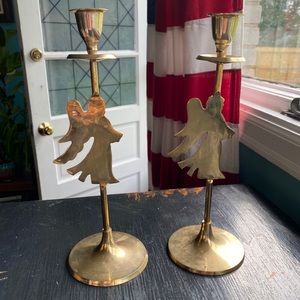 two vintage brass angel candlestick holders